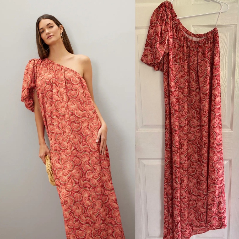 Lobo Rosa Valeria‎ Dress Large Red One Shoulder Seashell Print Maxi Dress